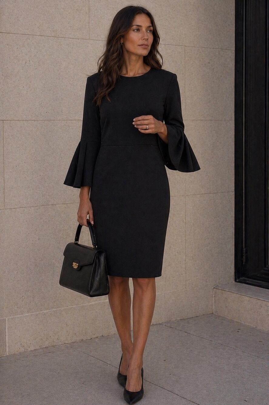 L.K. Bennett Dr Dorris Midi Dress Pencil Skirt Black Bell Sleeves 6 Chic Classic